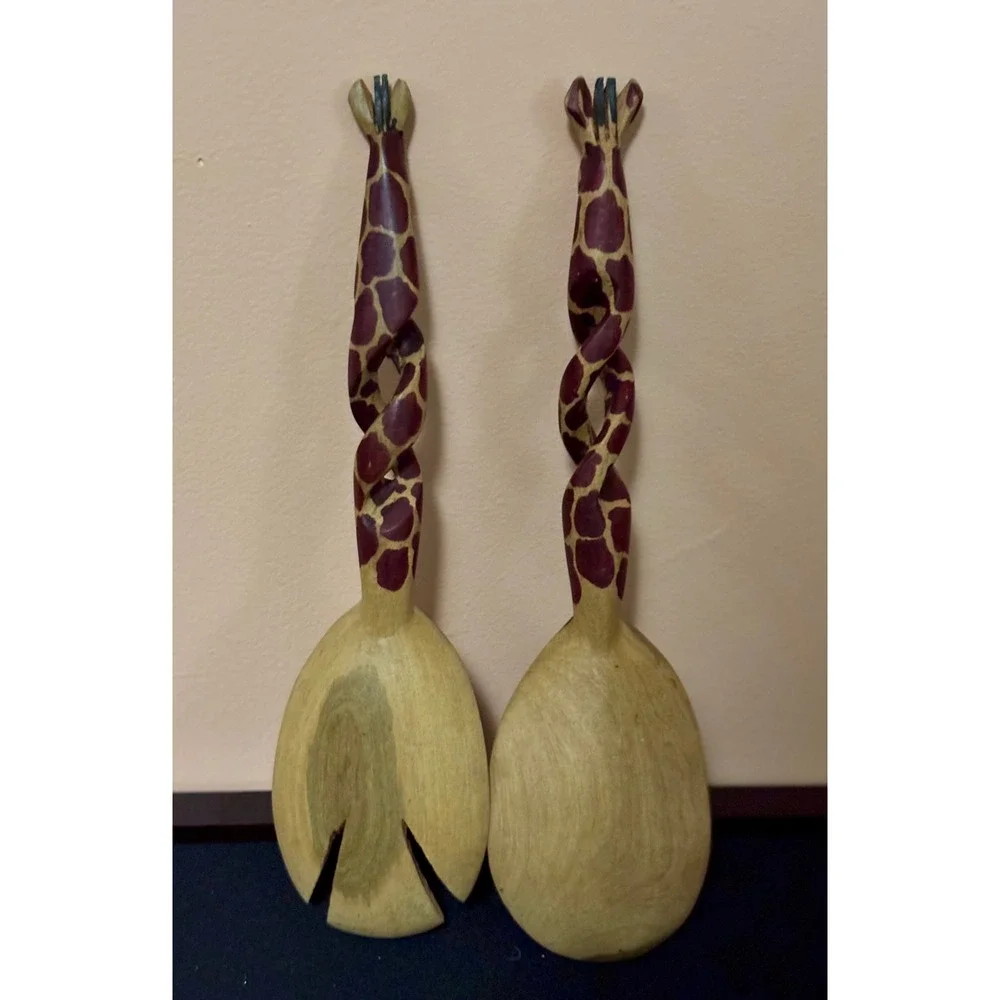 Hand Carved Wooden Giraffe Salad Server Set African Theme Spoon Fork 12 Inch